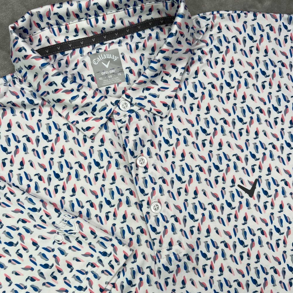 Callaway Golf Polo Shirt Mens XL White Toucan Print Opti-Dri Stretch Performance